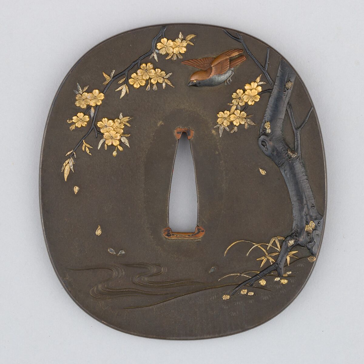 Sword Guard (Tsuba), Copper-gold alloy (shakudō), copper, gold, Japanese