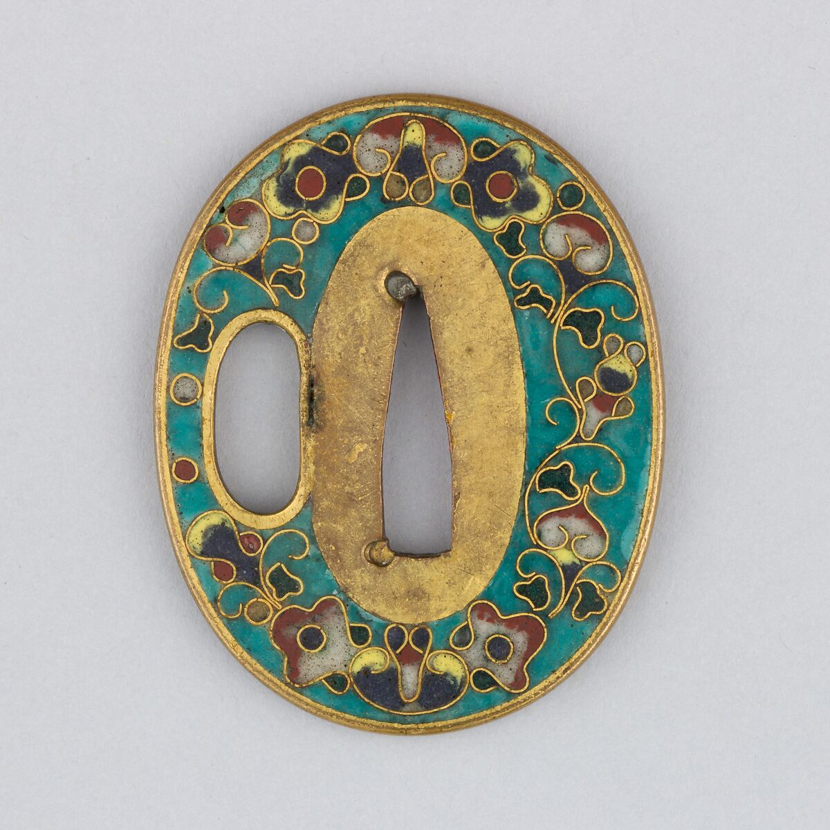 Sword Guard (Tsuba), Brass, enameled cloisonné (shippō), copper, Japanese 