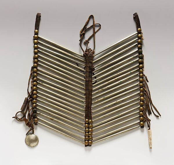 Breastplate, German silver, commercial and native-tanned leather, shell, wood, brass tacks, ring, and wire, Kickapoo 