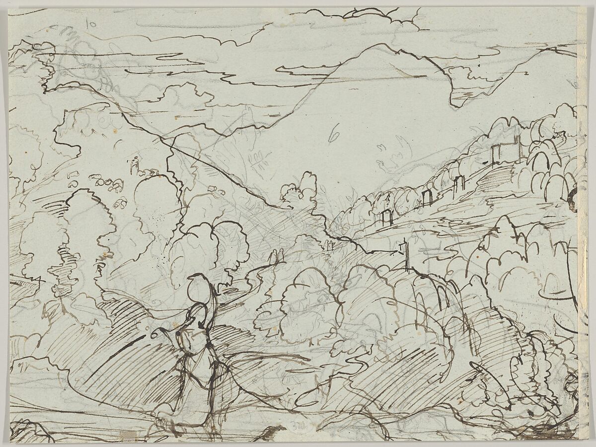 A Seated Italian Shepherd with a Small Child on his lap; verso: A Southern Landscape with a Woman Carrying a Jar on her Head, Franz Theobald Horny (German, Weimar 1798–1824 Rome), Pen and brown ink; verso: pen and brown ink, over graphite