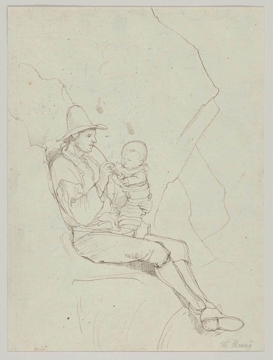 A Seated Italian Shepherd with a Small Child on his lap; verso: A Southern Landscape with a Woman Carrying a Jar on her Head, Franz Theobald Horny (German, Weimar 1798–1824 Rome), Pen and brown ink; verso: pen and brown ink, over graphite 