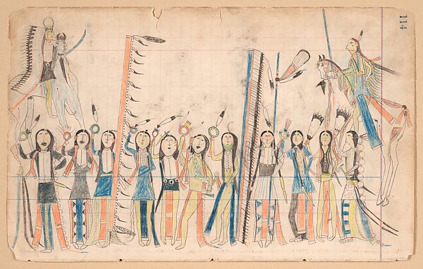 Warrior Society Dance, Attributed to Artist A (Henderson Ledger) (Native American, Arapaho, active ca. 1870–90)  , also identified as Horseback, Paper, graphite, colored pencil, Arapaho 