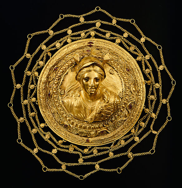 Medallion with relief bust of Athena, Gold, blue enamel, Greek 
