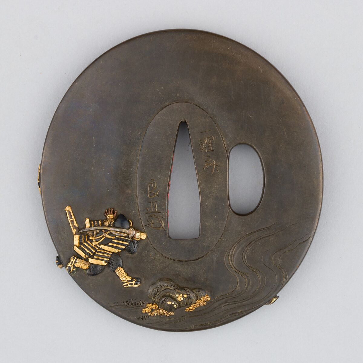 Sword Guard (Tsuba), Copper-gold alloy (shakudō), gold, copper, Japanese