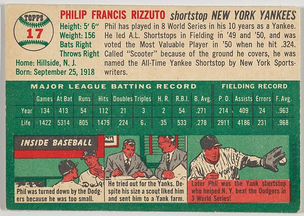 Card Number 17, Phil Rizzuto, Shortstop, New York Yankees, from "1954 Topps Regular Issue" series (R414-8), issued by Topps Chewing Gum Company., Issued by Topps Chewing Gum Company (American, Brooklyn), Commercial color lithograph