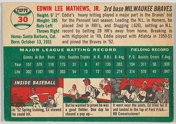 Card Number 30, Ed Mathews, Third Base, Milwaukee Braves, from "1954 Topps Regular Issue" series (R414-8), issued by Topps Chewing Gum Company., Issued by Topps Chewing Gum Company (American, Brooklyn), Commercial color lithograph
