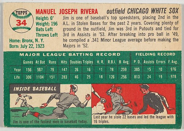 Card Number 34, Jim Rivera, Outfield, Chicago White Sox, from "1954 Topps Regular Issue" series (R414-8), issued by Topps Chewing Gum Company., Issued by Topps Chewing Gum Company (American, Brooklyn), Commercial color lithograph