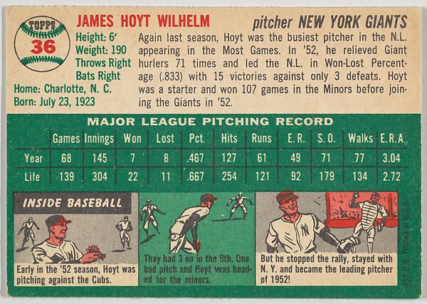 Card Number 36, Hoyt Wilhelm, Pitcher, New York Giants, from "1954 Topps Regular Issue" series (R414-8), issued by Topps Chewing Gum Company., Issued by Topps Chewing Gum Company (American, Brooklyn), Commercial color lithograph