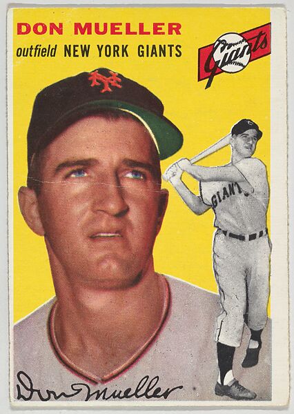 Issued by Topps Chewing Gum Company, Card Number 42, Don Mueller,  Outfield, New York Giants, from '1954 Topps Regular Issue' series (R414-8),  issued by Topps Chewing Gum Company.