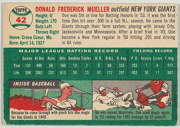 Card Number 42, Don Mueller, Outfield, New York Giants, from "1954 Topps Regular Issue" series (R414-8), issued by Topps Chewing Gum Company., Issued by Topps Chewing Gum Company (American, Brooklyn), Commercial color lithograph