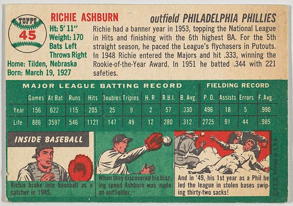Card Number 45, Richie Ashburn, Outfield, Philadelphia Phillies, from "1954 Topps Regular Issue" series (R414-8), issued by Topps Chewing Gum Company., Issued by Topps Chewing Gum Company (American, Brooklyn), Commercial color lithograph