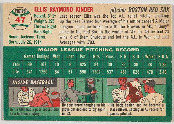 Card Number 47, Ellis Kinder, Pitcher, Boston Red Sox, from "1954 Topps Regular Issue" series (R414-8), issued by Topps Chewing Gum Company., Issued by Topps Chewing Gum Company (American, Brooklyn), Commercial color lithograph