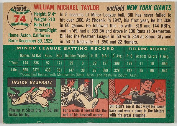 Card Number 74, Bill Taylor, Outfield, New York Giants, from "1954 Topps Regular Issue" series (R414-8), issued by Topps Chewing Gum Company., Issued by Topps Chewing Gum Company (American, Brooklyn), Commercial color lithograph