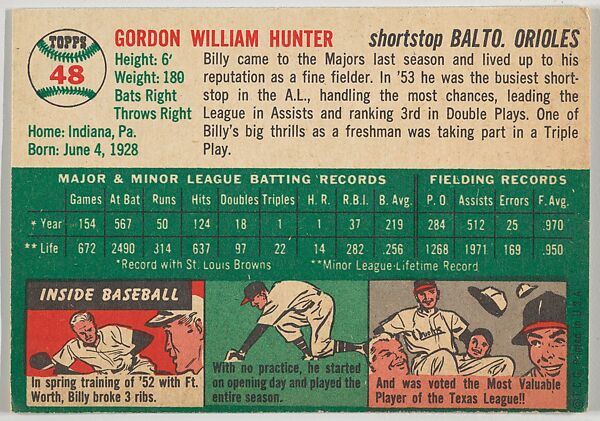 Card Number 48, Billy Hunter, Shortstop, Baltimore Orioles, from "1954 Topps Regular Issue" series (R414-8), issued by Topps Chewing Gum Company., Issued by Topps Chewing Gum Company (American, Brooklyn), Commercial color lithograph