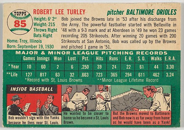Card Number 85, Bob Turley, Pitcher, Baltimore Orioles, from "1954 Topps Regular Issue" series (R414-8), issued by Topps Chewing Gum Company., Issued by Topps Chewing Gum Company (American, Brooklyn), Commercial color lithograph