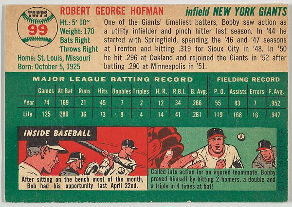 Card Number 99, Bob Hofman, Infield, New York Giants, from "1954 Topps Regular Issue" series (R414-8), issued by Topps Chewing Gum Company., Issued by Topps Chewing Gum Company (American, Brooklyn), Commercial color lithograph