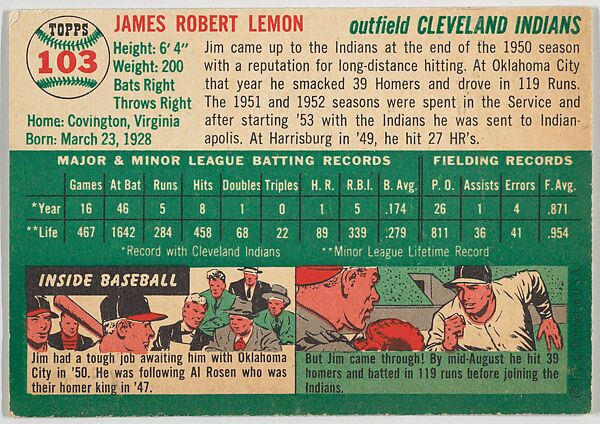 Card Number 103, Jim Lemon, Outfield, Cleveland Indians, from "1954 Topps Regular Issue" series (R414-8), issued by Topps Chewing Gum Company., Issued by Topps Chewing Gum Company (American, Brooklyn), Commercial color lithograph
