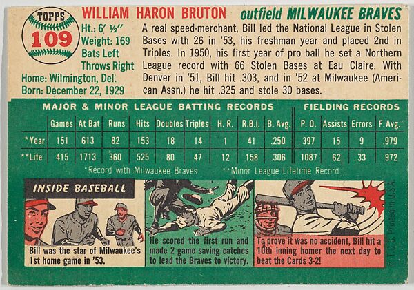 Card Number 109, Bill Bruton, Outfield, Milwaukee Braves, from "1954 Topps Regular Issue" series (R414-8), issued by Topps Chewing Gum Company., Issued by Topps Chewing Gum Company (American, Brooklyn), Commercial color lithograph
