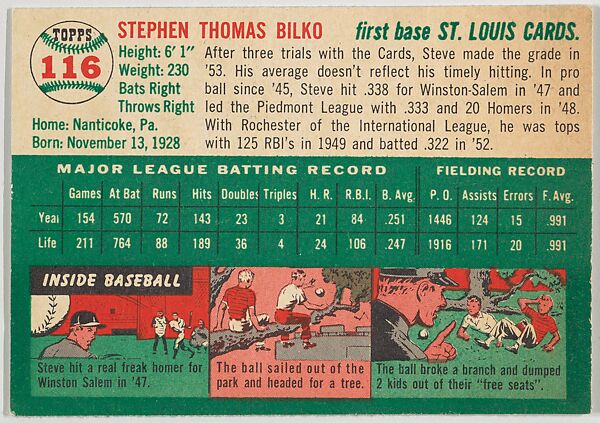 Card Number 116, Steve Bilko, First Base, St. Louis Cardinals, from "1954 Topps Regular Issue" series (R414-8), issued by Topps Chewing Gum Company., Issued by Topps Chewing Gum Company (American, Brooklyn), Commercial color lithograph