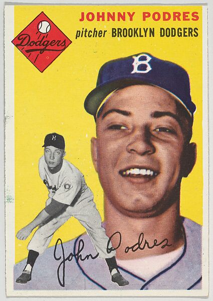 Issued by Topps Chewing Gum Company, Card Number 166, Johnny Podres,  Pitcher, Brooklyn Dodgers, from 1954 Topps Regular Issue series (R414-8),  issued by Topps Chewing Gum Company. 