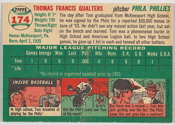 Card Number 174, Tom Qualters, Pitcher, Philadelphia Phillies, from "1954 Topps Regular Issue" series (R414-8), issued by Topps Chewing Gum Company., Issued by Topps Chewing Gum Company (American, Brooklyn), Commercial color lithograph