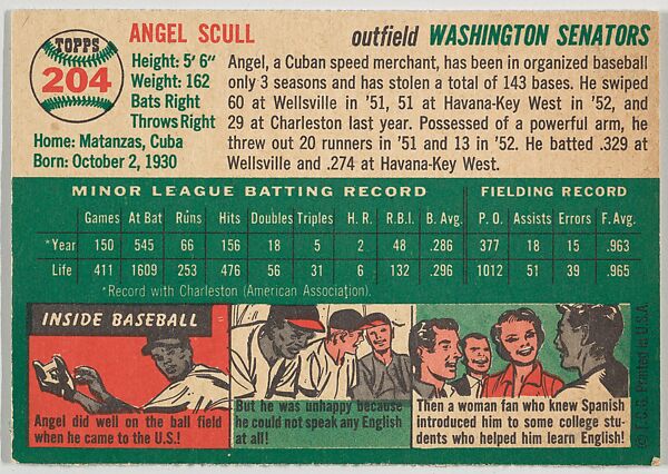 Card Number 204, Angel Scull, Outfield, Washington Senators, from "1954 Topps Regular Issue" series (R414-8), issued by Topps Chewing Gum Company., Issued by Topps Chewing Gum Company (American, Brooklyn), Commercial color lithograph