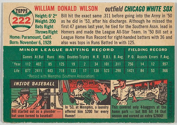 Card Number 222, Bill Wilson, Outfield, Chicago White Sox, from "1954 Topps Regular Issue" series (R414-8), issued by Topps Chewing Gum Company., Issued by Topps Chewing Gum Company (American, Brooklyn), Commercial color lithograph