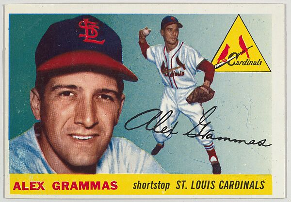 Issued by Topps Chewing Gum Company, Card Number 21, Alex Grammas,  Shortstop, St. Louis Cardinals, from 1955 Topps Regular Issue series  (R414-9), issued by Topps Chewing Gum Company.