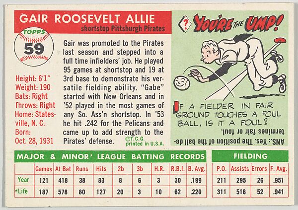 Card Number 59, Gair Allie, Shortstop, Pittsburgh Pirates, from "1955 Topps Regular Issue" series (R414-9), issued by Topps Chewing Gum Company., Issued by Topps Chewing Gum Company (American, Brooklyn), Commercial color lithograph