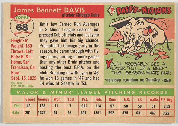 Card Number 68, Jim Davis, Pitcher, Chicago Cubs, from "1955 Topps Regular Issue" series (R414-9), issued by Topps Chewing Gum Company., Issued by Topps Chewing Gum Company (American, Brooklyn), Commercial color lithograph