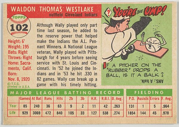 Card Number 102, Wally Westlake, Outfield, Cleveland Indians, from "1955 Topps Regular Issue" series (R414-9), issued by Topps Chewing Gum Company., Issued by Topps Chewing Gum Company (American, Brooklyn), Commercial color lithograph