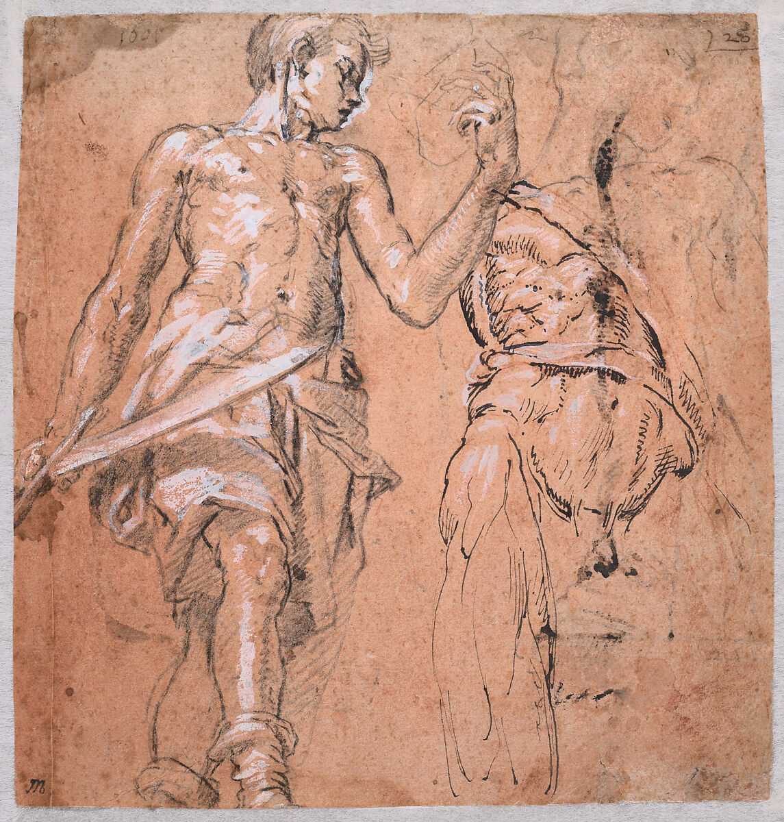 Two studies of a Standing Man with a Sword (Alexander the Great); verso: Studies of a Leg, an Arm, a Hand, and a Figure's Neck, Peter Candid (Pieter de Witte, Pietro Candido)  Netherlandish, Pen and black ink, heightened with white gouache, over black and red chalk, on off-white paper prepared with pink gouache