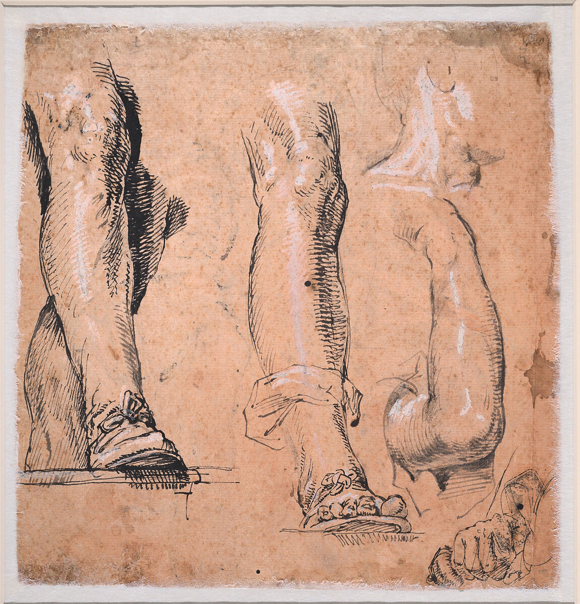Two studies of a Standing Man with a Sword (Alexander the Great); verso: Studies of a Leg, an Arm, a Hand, and a Figure's Neck, Peter Candid (Pieter de Witte, Pietro Candido) (Netherlandish, Bruges ca. 1548–1628 Munich), Pen and black ink, heightened with white gouache, over black and red chalk, on off-white paper prepared with pink gouache