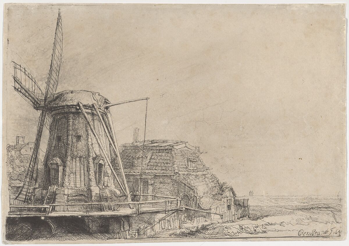 The Windmill, Rembrandt (Rembrandt van Rijn) (Dutch, Leiden 1606–1669 Amsterdam), Etching; impression with chimney added to the cottage in the center 