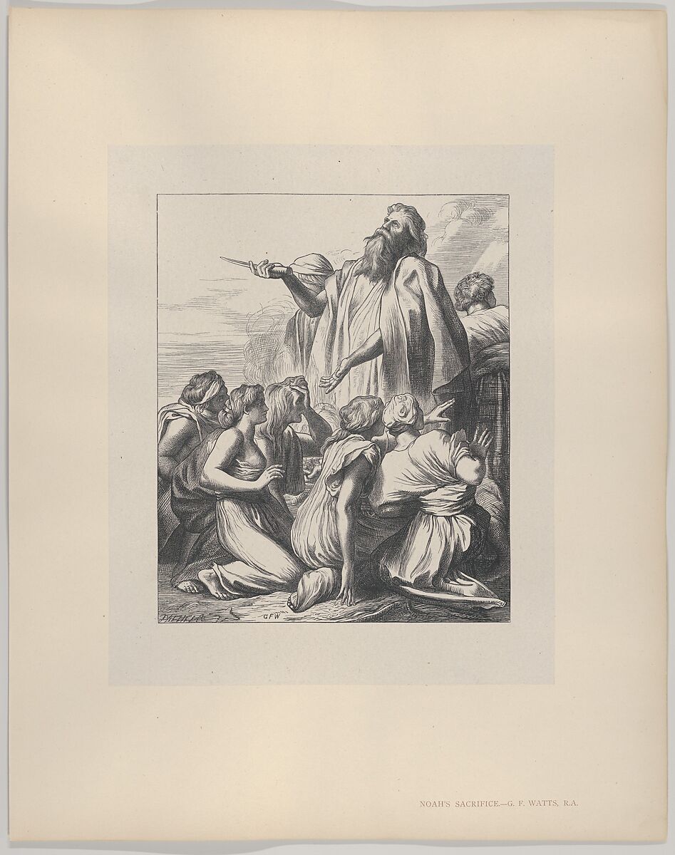 Noah's Sacrifice, from "Dalziels' Bible Gallery", After George Frederic Watts (British, London 1817–1904 London), Wood engraving on India paper, mounted on thin card