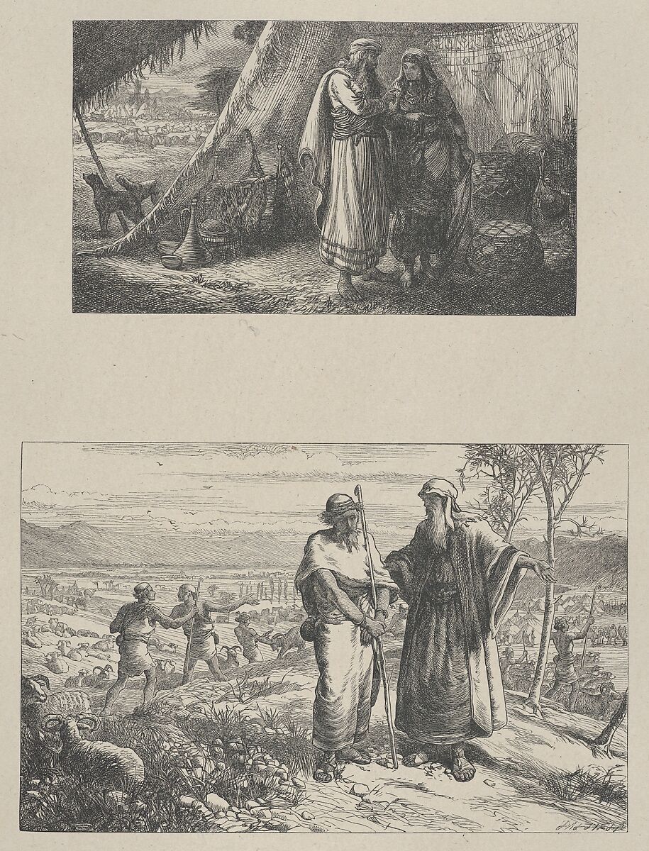 Abram Instructing Sarah–Abram Parting from Lot, from "Dalziels' Bible Gallery", After Thomas Dalziel (British, Wooler, Northumberland 1823–1906 Herne Bay, Kent), Wood engraving on India paper, mounted on thin card 
