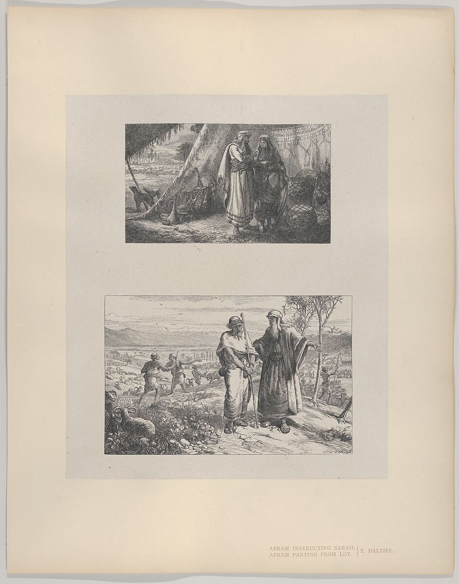 Abram Instructing Sarah–Abram Parting from Lot, from "Dalziels' Bible Gallery", After Thomas Dalziel (British, Wooler, Northumberland 1823–1906 Herne Bay, Kent), Wood engraving on India paper, mounted on thin card