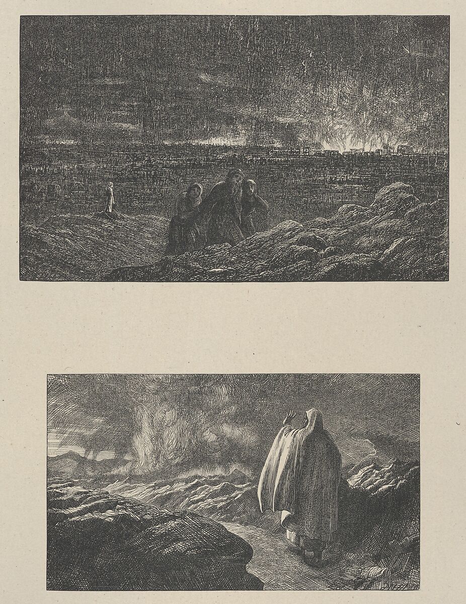 The Destruction of Sodom–Abraham Looking Towards Sodom, from "Dalziels' Bible Gallery", After Thomas Dalziel (British, Wooler, Northumberland 1823–1906 Herne Bay, Kent), Wood engraving on India paper, mounted on thin card 
