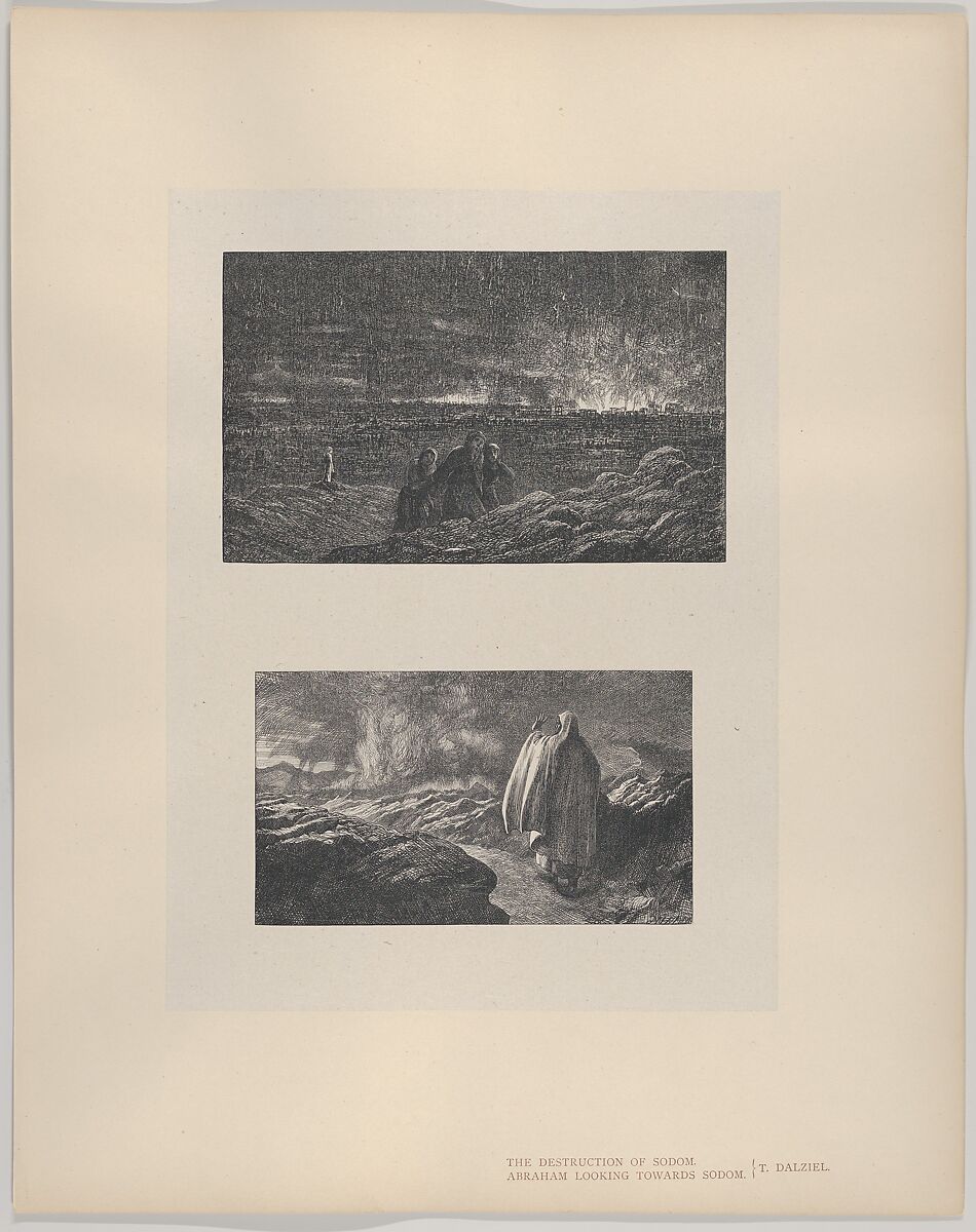 The Destruction of Sodom–Abraham Looking Towards Sodom, from "Dalziels' Bible Gallery", After Thomas Dalziel (British, Wooler, Northumberland 1823–1906 Herne Bay, Kent), Wood engraving on India paper, mounted on thin card