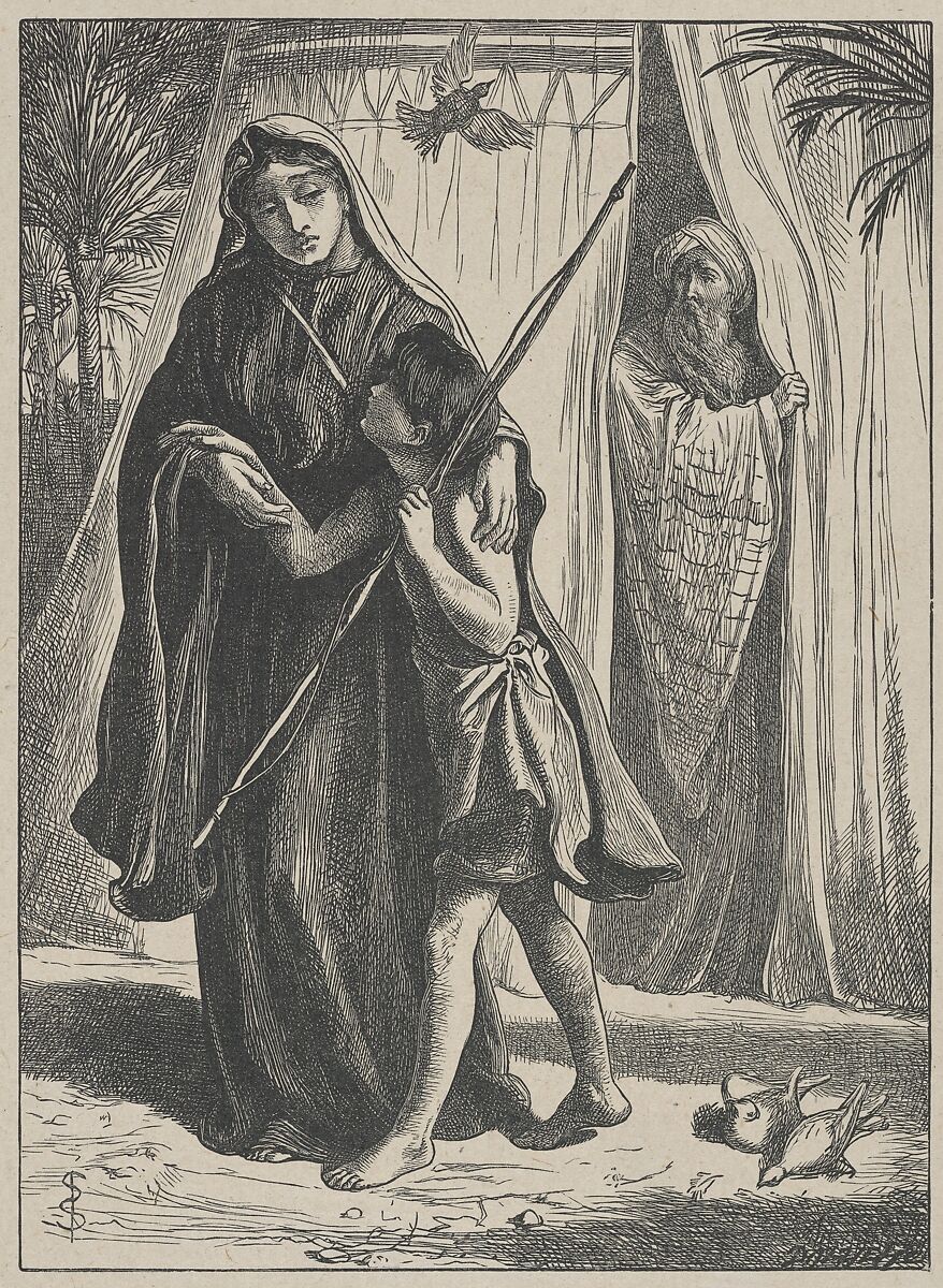 Hagar and Ishmael, from "Dalziels' Bible Gallery", After Simeon Solomon (British, London 1840–1905 London), Wood engraving on India paper, mounted on thin card 