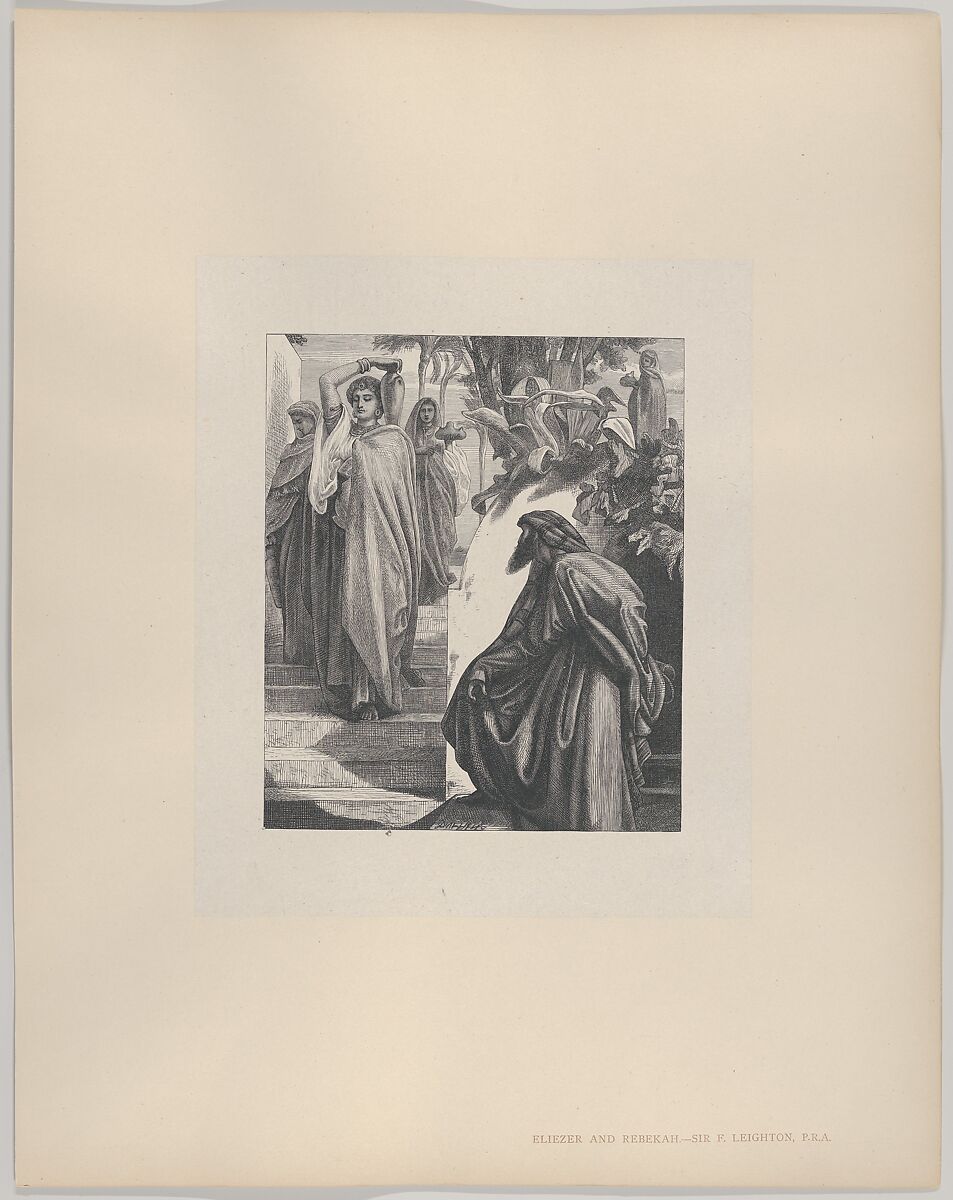 Eliezer and Rebekah, from "Dalziels' Bible Gallery", After Frederic, Lord Leighton (British, Scarborough 1830–1896 London), Wood engraving on India paper, mounted on thin card