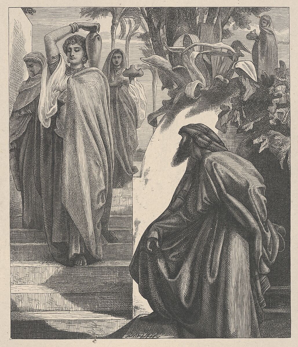 Eliezer and Rebekah, from "Dalziels' Bible Gallery", After Frederic, Lord Leighton (British, Scarborough 1830–1896 London), Wood engraving on India paper, mounted on thin card 