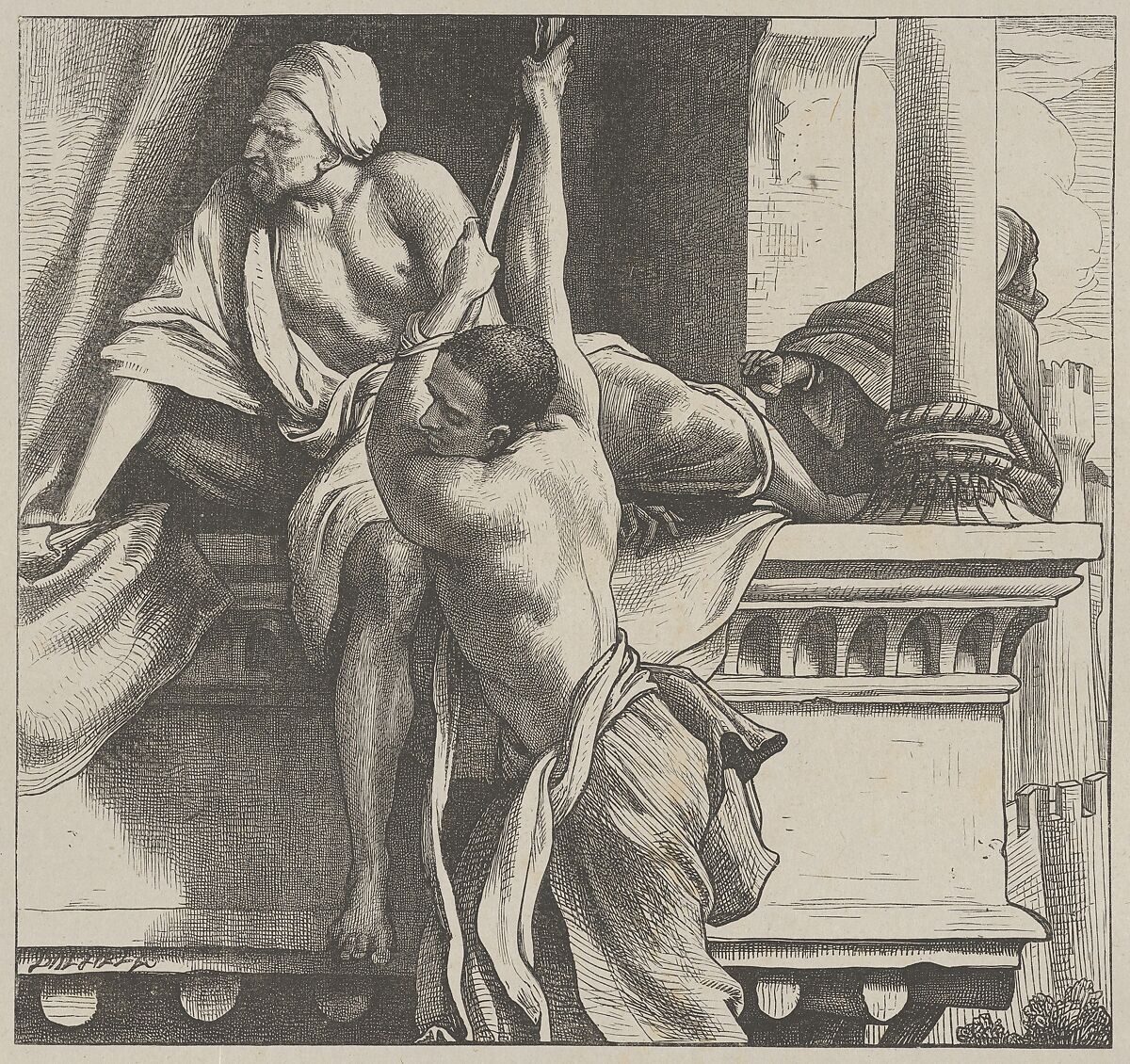 The Spies Escape, from "Dalziels' Bible Gallery", After Frederic, Lord Leighton (British, Scarborough 1830–1896 London), Wood engraving on India paper, mounted on thin card 