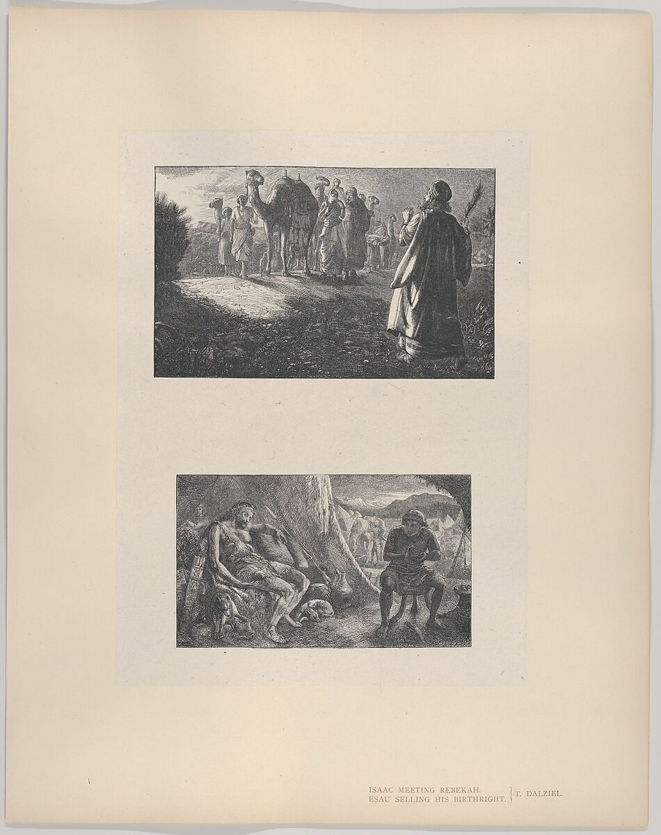 Isaac Meeting Rebekah–Esau Selling His Birthright, from "Dalziels' Bible Gallery", After Thomas Dalziel (British, Wooler, Northumberland 1823–1906 Herne Bay, Kent), Wood engraving on India paper, mounted on thin card