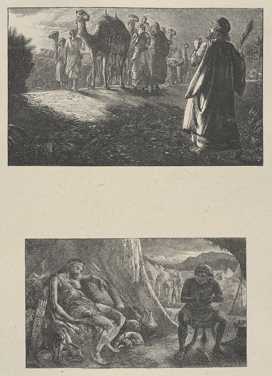Isaac Meeting Rebekah–Esau Selling His Birthright, from "Dalziels' Bible Gallery", After Thomas Dalziel (British, Wooler, Northumberland 1823–1906 Herne Bay, Kent), Wood engraving on India paper, mounted on thin card 