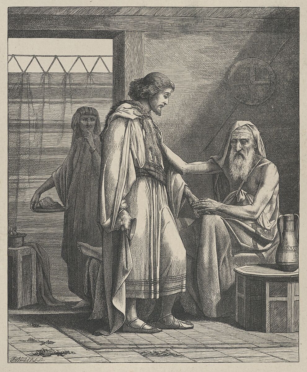 Isaac Blessing Jacob, from "Dalziels' Bible Gallery", After Edward Armitage (British, London 1817–1896 Tunbridge Wells, Kent), Wood engraving on India paper, mounted on thin card 