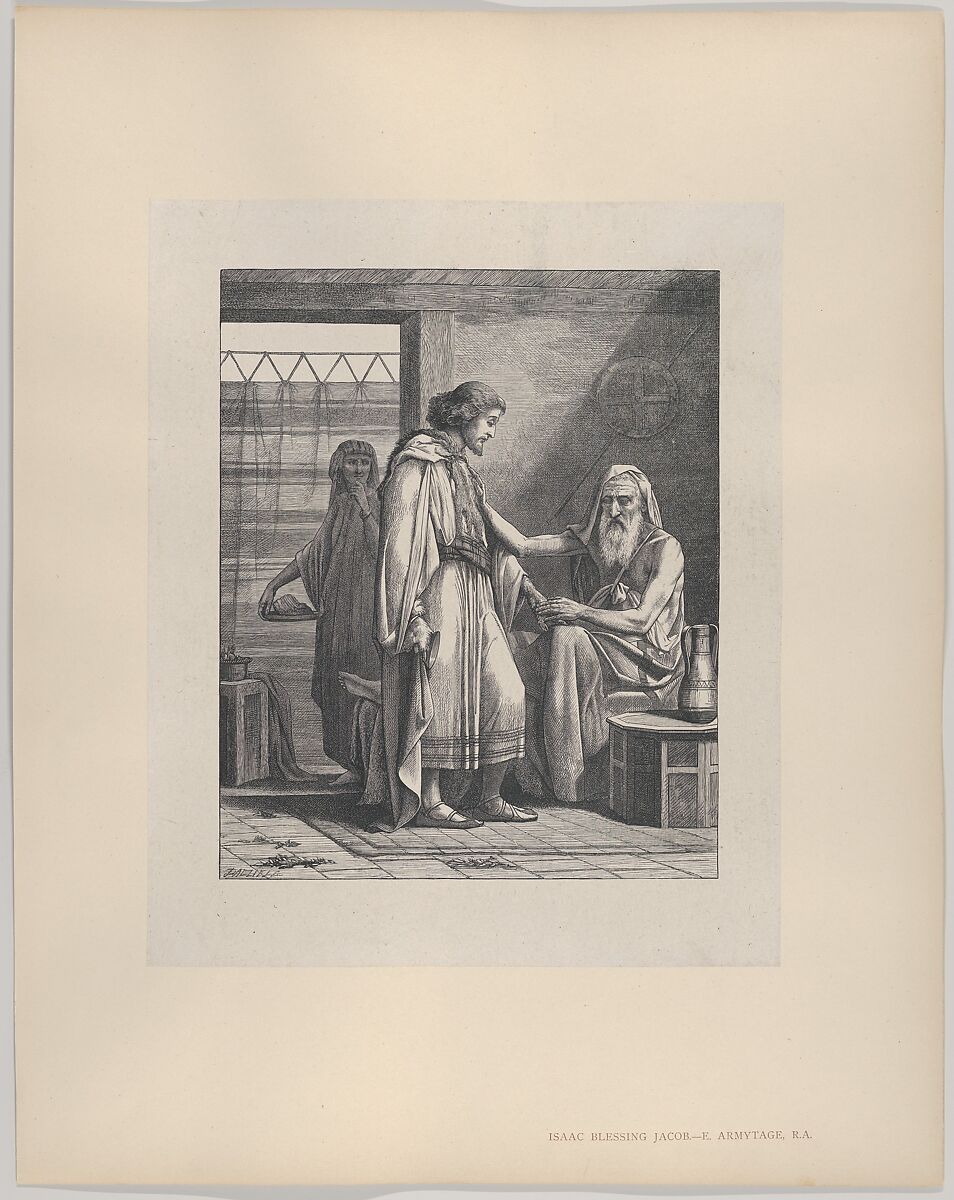 Isaac Blessing Jacob, from "Dalziels' Bible Gallery", After Edward Armitage (British, London 1817–1896 Tunbridge Wells, Kent), Wood engraving on India paper, mounted on thin card