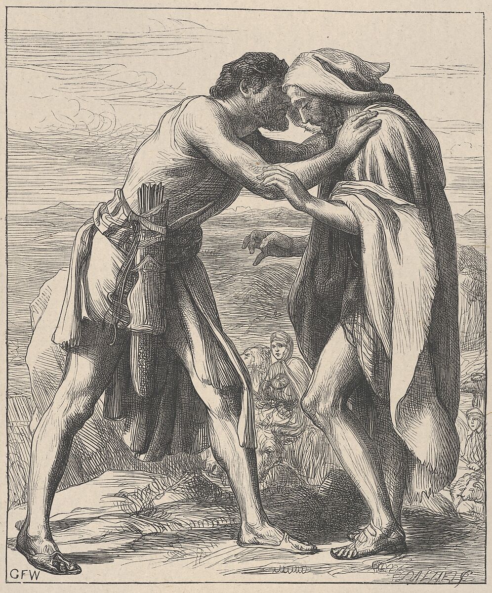 Esau Meeting Jacob, from "Dalziels' Bible Gallery", After George Frederic Watts (British, London 1817–1904 London), Wood engraving on India paper, mounted on thin card 