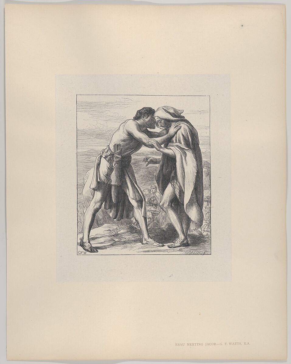Esau Meeting Jacob, from "Dalziels' Bible Gallery", After George Frederic Watts (British, London 1817–1904 London), Wood engraving on India paper, mounted on thin card