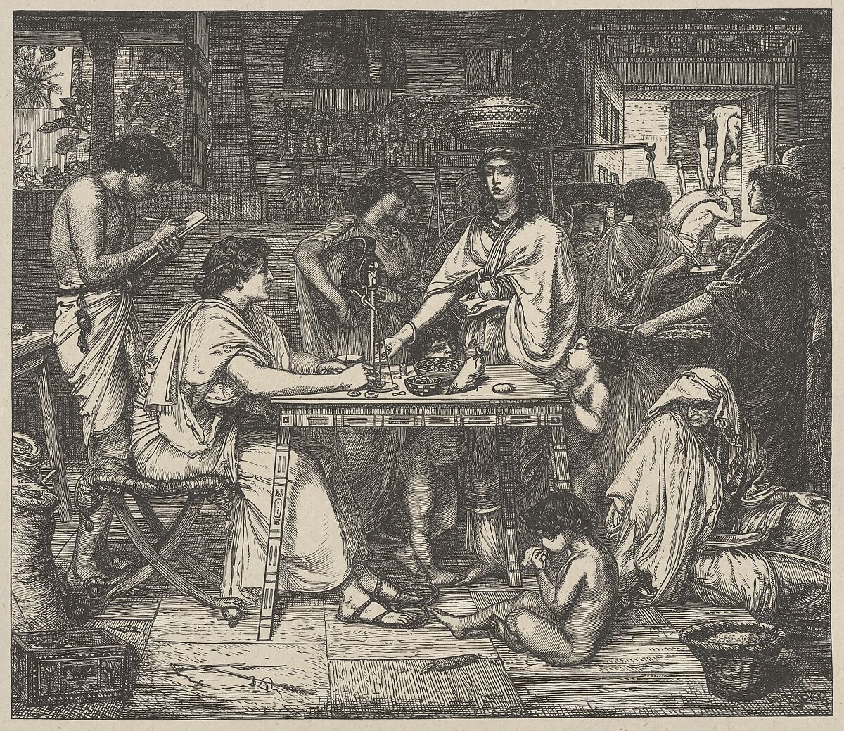 Joseph Distributes Corn, from "Dalziels' Bible Gallery", After Sir Edward John Poynter (British (born France), Paris 1836–1919 London), Wood engraving on India paper, mounted on thin card 